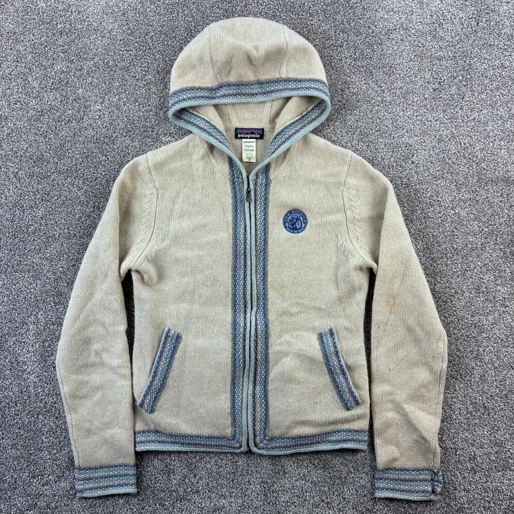 Patagonia Lambswool Cardigan Sweater Women's Medium Tan Full Zip Hooded 50670